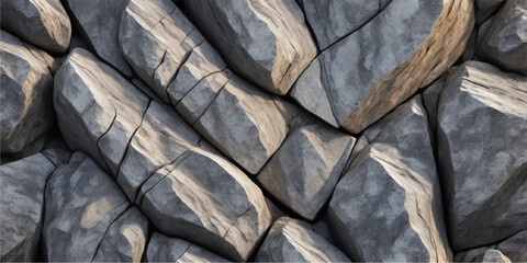 Close up of weathered grey and tan rocks with deep cracks isolated on white background