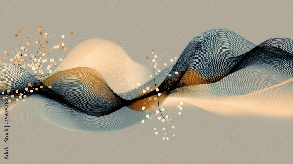 Poster abstract waves with delicate flowers in soft color palette