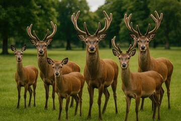 Naklejka premium A herd of deer standing alert in a coordinated arrangement