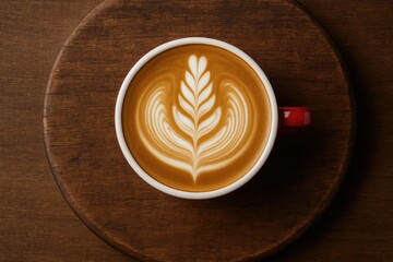 Stunning overhead shot of coffee foam art on a circular wooden surface