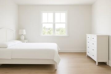 Fototapeta premium Interior of a bedroom featuring a wardrobe, bedside table, and large window with white walls