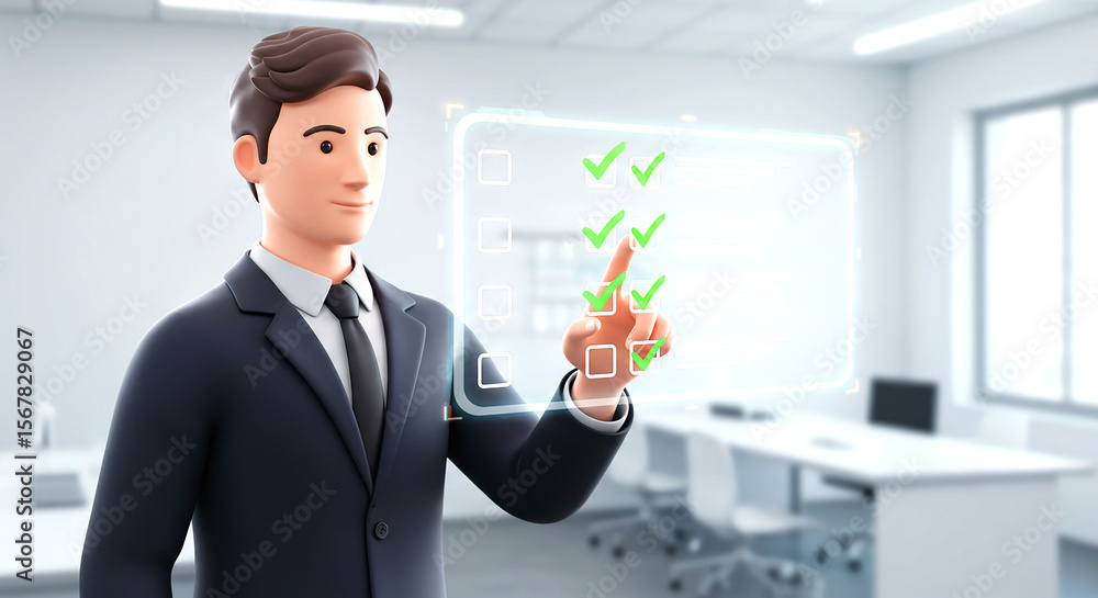 Poster a man in a suit interacting with a digital checklist in a modern office environment, with checkmarks