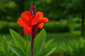 Naklejka premium A vibrant red Canna Lily blooming in the garden