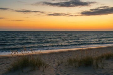Fototapeta premium Chilly dusk by the dark ocean during autumn
