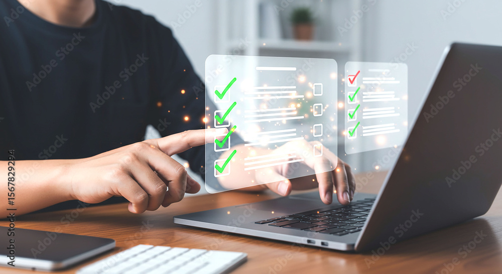 Poster person using laptop with digital checklist interface and checkmarks for task management online