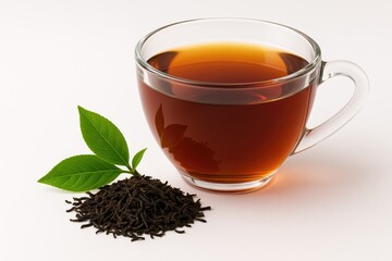 Leaf-infused black tea on a white background
