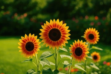 Obraz premium Vibrant outdoor garden featuring colorful sunflower arrangements in yellow, orange, green, and black hues