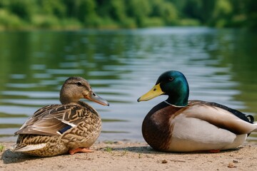 Fototapeta premium A pair of ducks resting by the lakeside