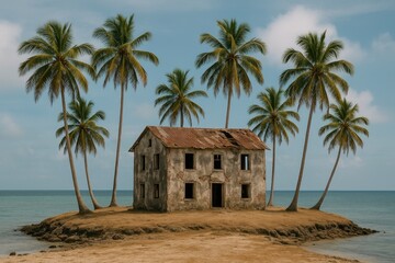 A solitary old cottage rests on a deserted island surrounded by tall palm trees