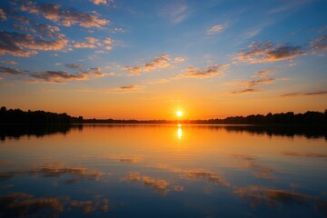 Naklejka premium Stunning evening sky reflecting on a peaceful lake