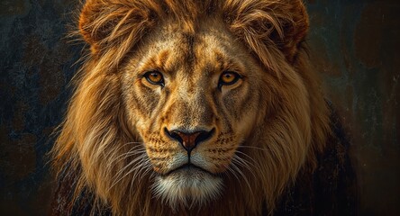 Fototapeta premium Close up portrait of a majestic male lion with a golden mane and intense amber eyes staring forward