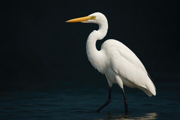 Obraz premium A pure white egret perched in a reflective pond against a shadowed backdrop