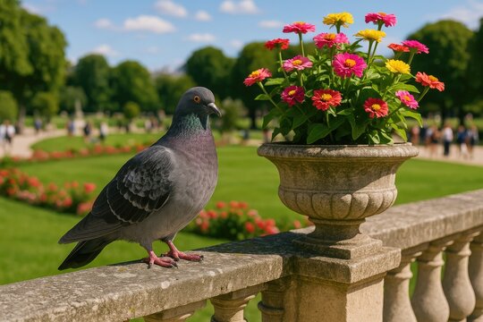 A large dove perched atop an old wooden fence beside a flowerpot in a park during summer, with visitors in the distance - Powered by Adobe