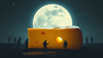 Moonlit wedge of cheese melting into shadowy figures, symbolizing disrupted sleep.