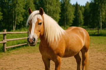 Obraz premium A white-maned horse is resting in the enclosure