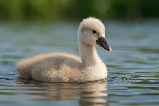 Young Mute Swan (Cygnus olor) drifting across a tranquil lake
