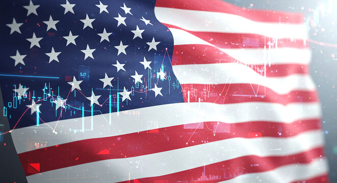 American flag overlaid with stock market data creating a patriotic finance visual effect