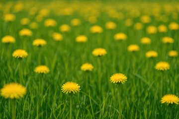 Wide-angle view of a field filled with bright yellow dandelions, with soft focus on the surrounding scenery
