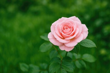 Fototapeta premium Stunning pink rose amidst lush greenery with a soft-focus background