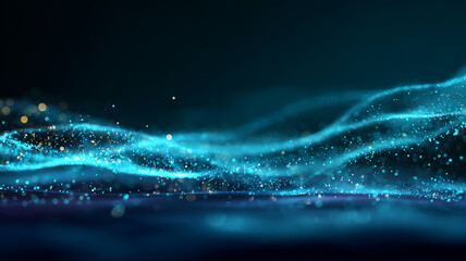 Abstract glowing blue wave with floating particles on dark background, futuristic data stream