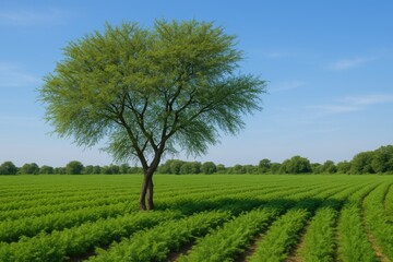 Naklejka premium A lone khejari tree standing amidst a carrot field