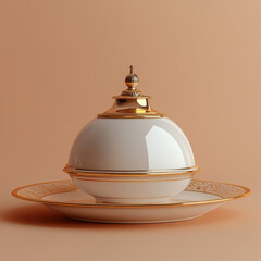 Golden serving cloche raised above empty golden plate, cut out white 
