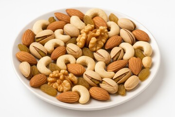 Mixed dry fruits with assorted nuts including almonds, cashews, pistachios, raisins, and walnuts