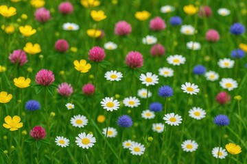 Fototapeta premium Stunning floral scene featuring yellow, pink, white, and blue blooms with red clover and blue round-headed rampion in the background