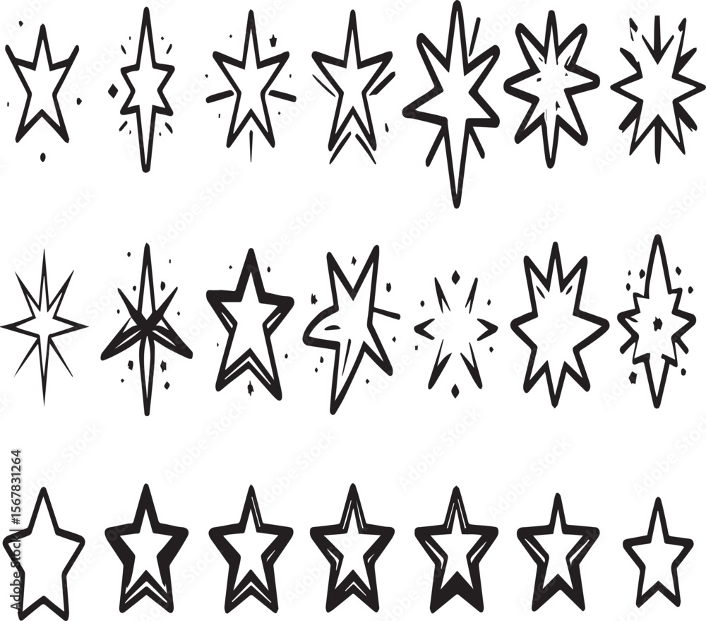 Poster a collection of twenty one hand drawn stars with different shapes and styles on a white background