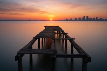 Fototapeta premium Sunrise waterfront scene captured with long exposure and low light conditions