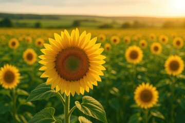 Fototapeta premium A single sunflower amidst a vast sunflower field