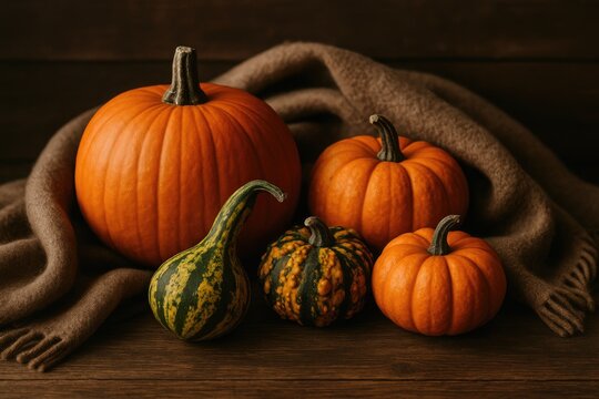 A collection of pumpkins and gourds wrapped in cozy wool fabric