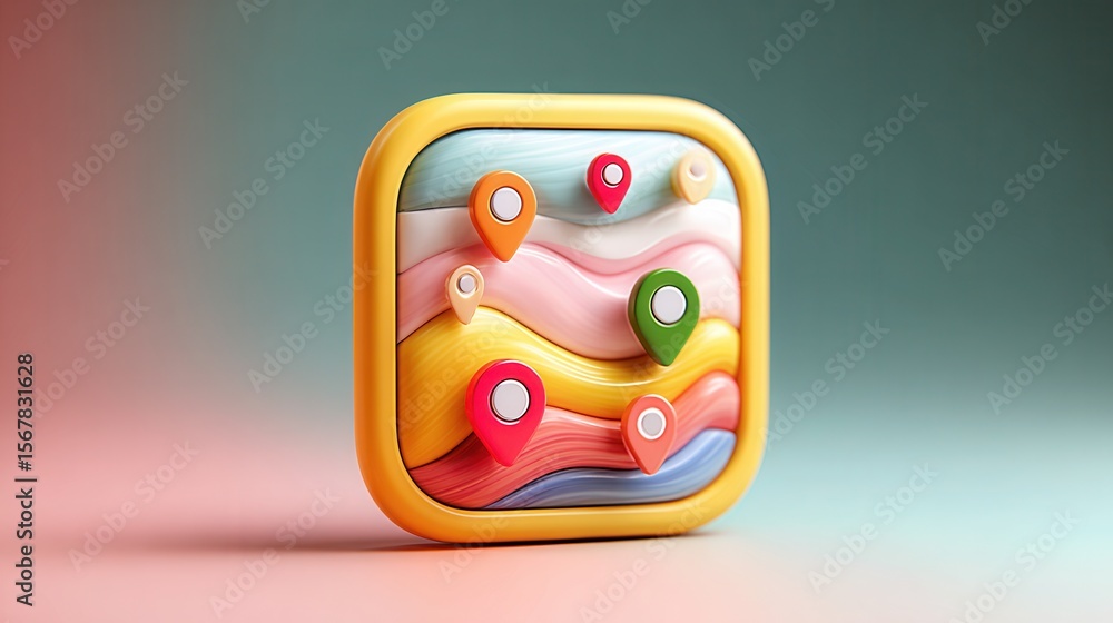 Poster colorful map pins on abstract background with soft curves and waves