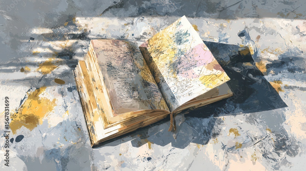 Poster open book on table with colorful abstract paint splashes