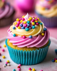Colorful cupcake with pink and yellow frosting, topped with sprinkles.