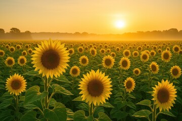 Obraz premium Morning glow over a vibrant sunflower meadow