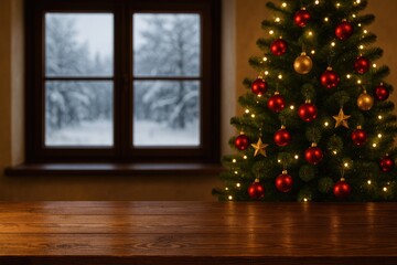 Festive winter scene featuring a Christmas tree and a snowy window view