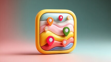 Colorful Map Pins on Abstract Background with Soft Curves and Waves