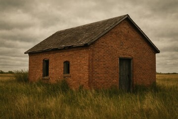 Obraz premium Old red brick countryside structure surrounded by overgrown vegetation under a cloudy sky