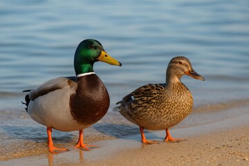 The mallard is a type of dabbling duck, with males featuring a shiny green head and grey wings and belly, while females are mostly brown with speckled feathers.