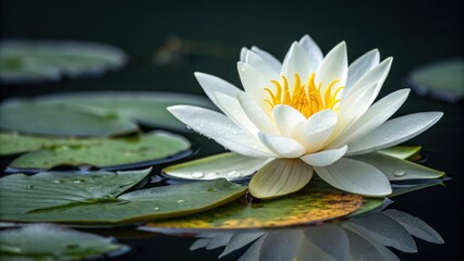 A pristine white water lily with vibrant yellow stamens floats serenely on dark water surrounded by lush green lily pads showcasing delicate water droplets on its petals