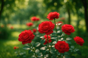 Vivid crimson tea roses blooming beneath tree canopies in a morning garden scene
