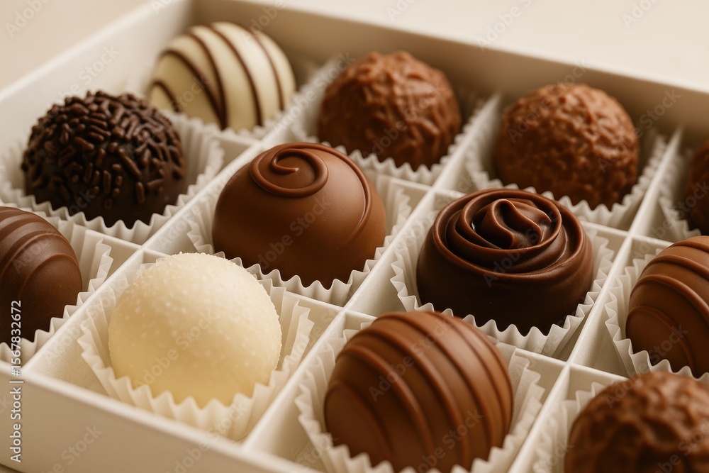 Poster a selection of assorted chocolate confections in a container with a blurred background