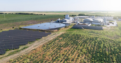 Aerial view of biogas plant using renewable energy for biomethane production