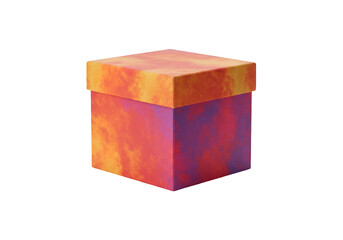 Fototapeta premium A textured cube gift box with a fiery orange and purple abstract design isolated on transparent background