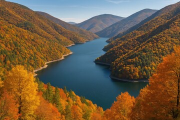 Fall scenery of mountain ranges near a water reservoir in the Plovdiv area