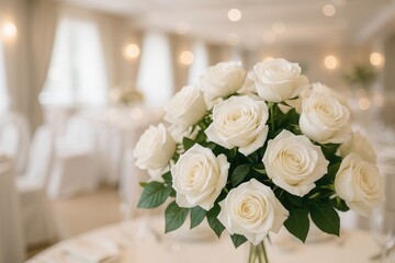 Obraz premium Elegant white rose arrangement at dining establishment