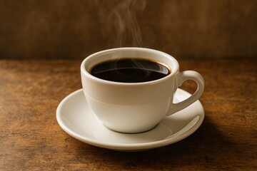 A steaming black coffee in a white glass cup enhances the cozy morning experience