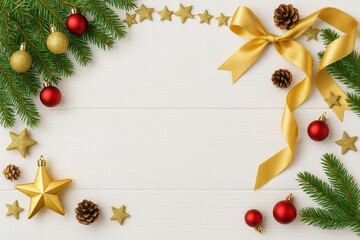 Obraz premium Festive holiday arrangement featuring a Christmas tree ornament on a white wooden surface with ample space for your message