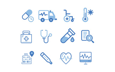Modern Medical Icon Set, Clean Duotone Healthcare Symbols Including Doctor, Pills, Hospital, Report, and Treatment Icons for health apps, websites, UI kits, and infographics
